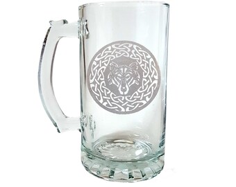 Keltischer Wolf 16 Unzen Bierkrug - Kostenlose personalisierte Gravur, individuelles Geschenk