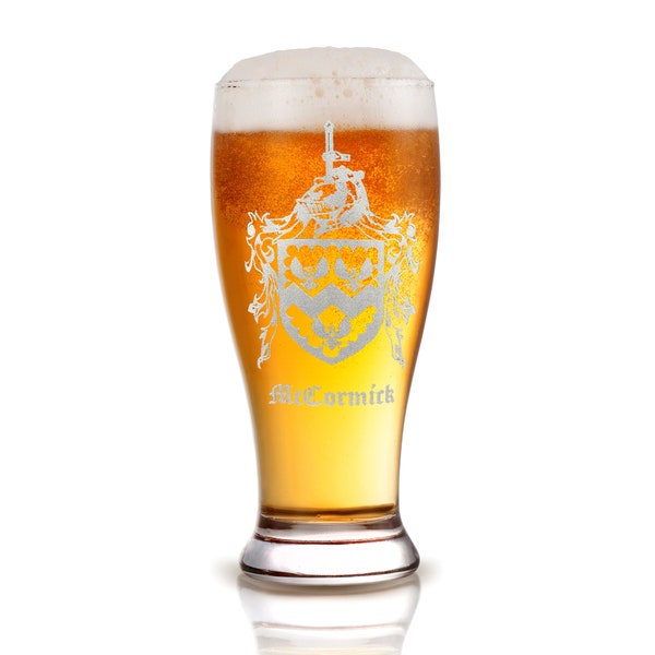 Custom Family Crest  Beer Glass, Engraved Made to Order Family Shield Gift for Him