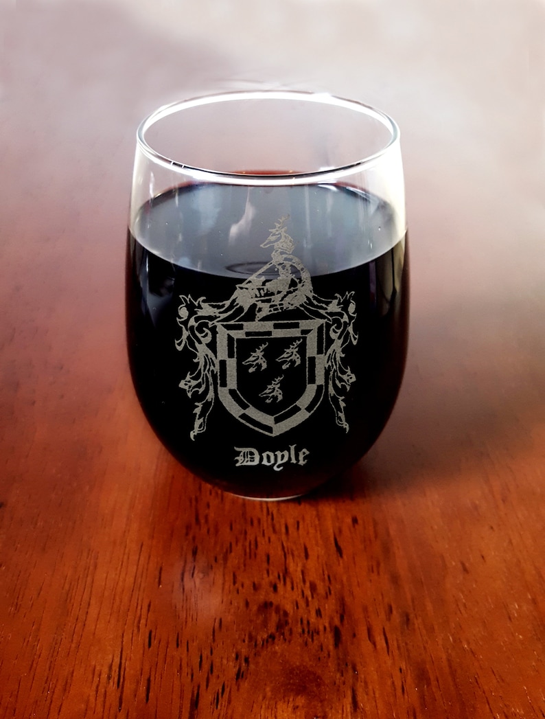 Free Personalized Engraving Doyle Family Coat of Arms Clear Stemless Wine Glass 18 oz