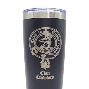 Custom Made Scottish Clan Crest Insulated Steel Tumbler 20oz, Actual Scottish Clan Badge Engraved Travel Mug With Lid and Straw