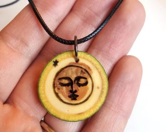 Sleeping Moon Wooden Pendant Necklace, Engraved Personalization, Moon Face