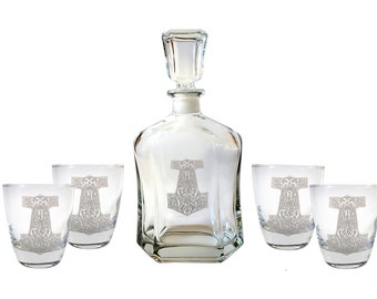 Mjolnir Thor&#39;s Hammer Glass Decanter & Rocks Glass Set Free Personalized Engraving