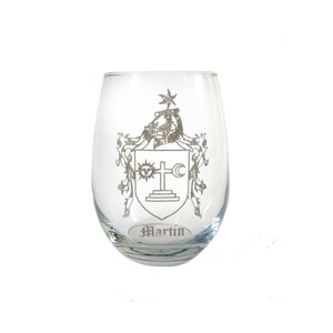 Martin Family Coat of Arms Clear Stemless Wine Glass 18 oz - Free Personalized Engraving