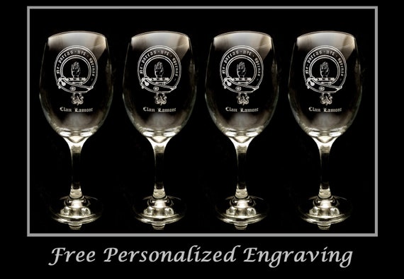 Copas de vino personalizadas con escudo de la familia, sin tallo, grabadas  con escudo de armas, juego de 4 (cresta)