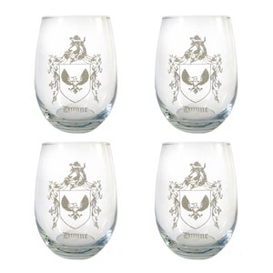 Dunne Family Coat of Arms Clear Stemless Wine Glass 18 oz Set of 4 - Free Personalized Engraving
