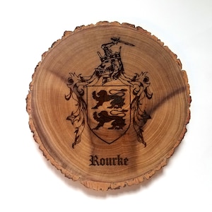 Log Round Custom Family Crest Wall Plaque, Large Engraved Rustic Wooden Sign. 12 or 18 Inch Options