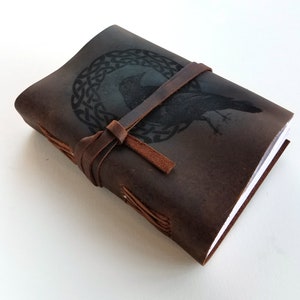 Celtic Raven Leather Journal, Free Personalization 5&quot; x 7&quot; Blank Buffalo Leather Journal With Lined and Unlined Paper Options