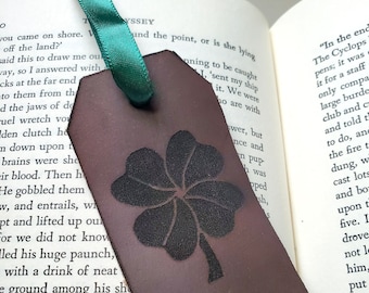 4 Leaf Clover Leather Bookmark, Free Engraved Personalization, Good Luck Token