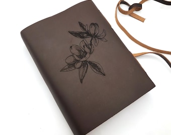 Magnolia Flower Design Leather Journal, Free Personalization 5" x 7" Choice of Line or Unlined Paper