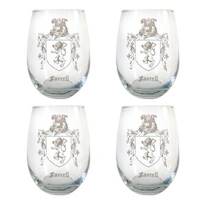 Farrell Family Coat of Arms Clear Stemless Wine Glass 18 oz Set of 4 - Free Personalized Engraving