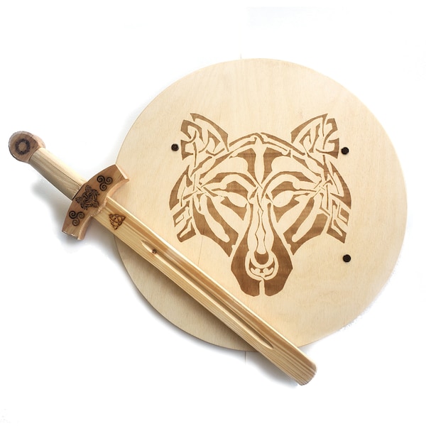 Celtic Wolf Sword and Shield Wooden Set, Free Name Engraving, Solid Wood Practice Swordplay Weapons