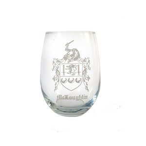 McLoughlin Family Coat of Arms Clear Stemless Wine Glass 18 oz - Free Personalized Engraving