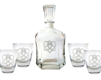 Irish Love Knot Glass Whiskey Decanter & Rocks Glass Set, Free Personalized Engraving