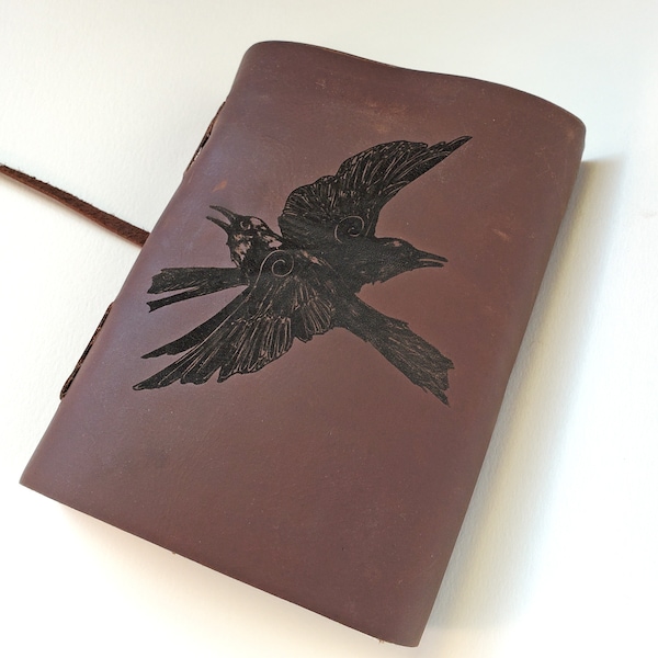 Pair of Ravens Leather Journal, Free Personalization 5" x 7" Blank Leather Journal With Unlined Paper, Odin's Ravens