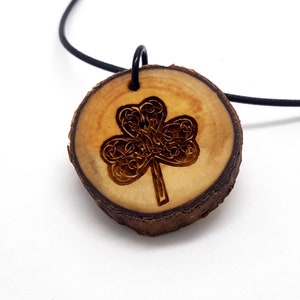 Irish Shamrock Wooden Pendant Necklace, Engraved Personalization, Celtic Knotwork Clover Necklace