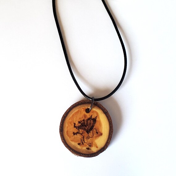 Griffin Wooden Pendant Necklace, Engraved Personalization