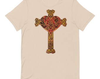 Celtic Cross Heart Unisex T-shirt, Irish Celtic Design, Red and