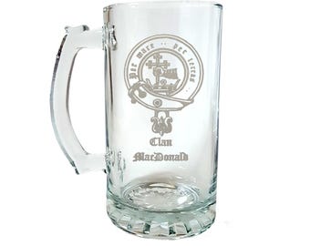 Custom Scottish Clan Crest Glass Stein 16oz, Made to Order Scottish Clan Badge