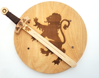 Lion Rampant Sword and Shield Wooden Set, Free Name Engraving, Solid Wood Practice Swordplay Weapons