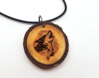 Howling Wolf Wooden Pendant Necklace, Engraved Personalization, Tree Slice Animal Pendant