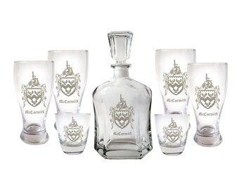 Custom Family Crest Decanter and Glassware Set, 7 Piece Home Bar Matched Set