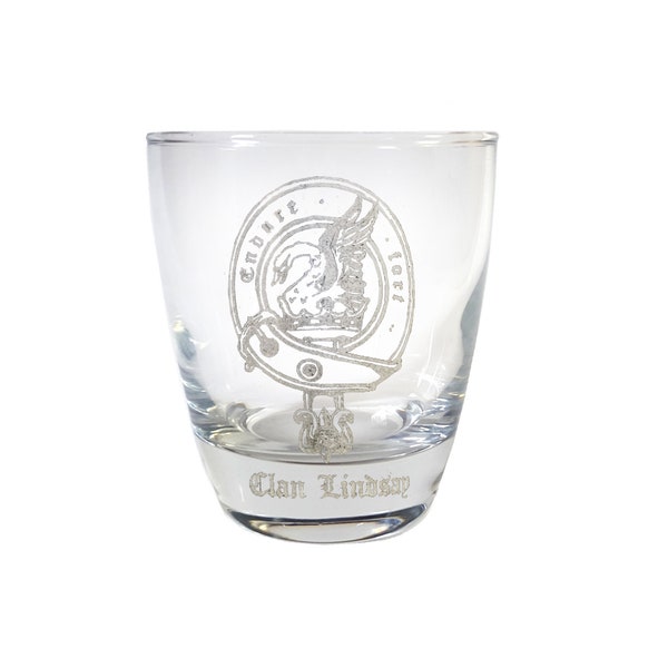 Custom Scottish Clan Crest Lowball Rocks Glass, Engraved Heirloom Clan Badge