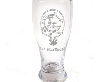Custom Scottish Clan Crest Pint Glass, Engraved Heirloom Engraved Clan Badge Beer Glass