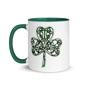 Celtic Knot Shamrock Green Inside Coffee Mug, Clover Art Ceramic Mug