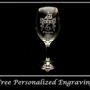 O’Doherty Irish Coat of Arms Clear Wine Glass 18oz - Free Personalized Engraving, Large Wine Glass, Celtic Decor, Irish Wedding
