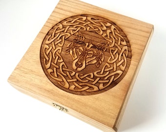Celtic Wolf Wooden Box: 7.5" x 7.5" x 2.75" Free Custom Engraved Personalization