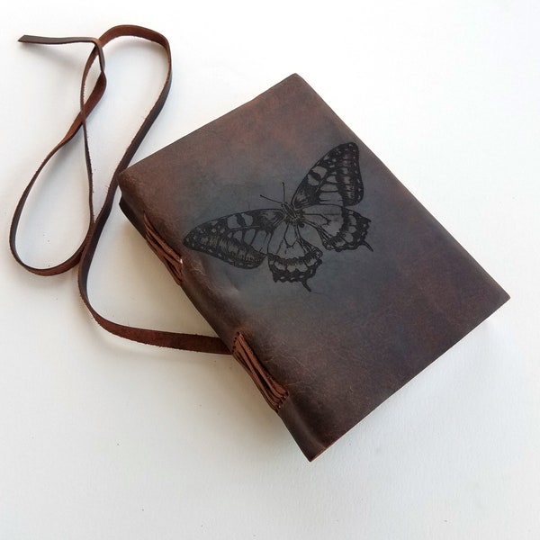 Butterfly Leather Journal, Free Personalization 5" x 7" Blank Buffalo Leather Journal With Unlined Paper