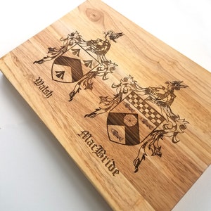 Custom Wedding Coat of Arms Butcher Block Cutting Board, Double Family Crest Couples Gift, 18&quot; x 12&quot; x 1.75&quot;