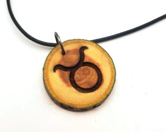 Astrological Sign Engraved Wooden Pendant Necklace, Engraved Personalization, Zodiac Sign Charm