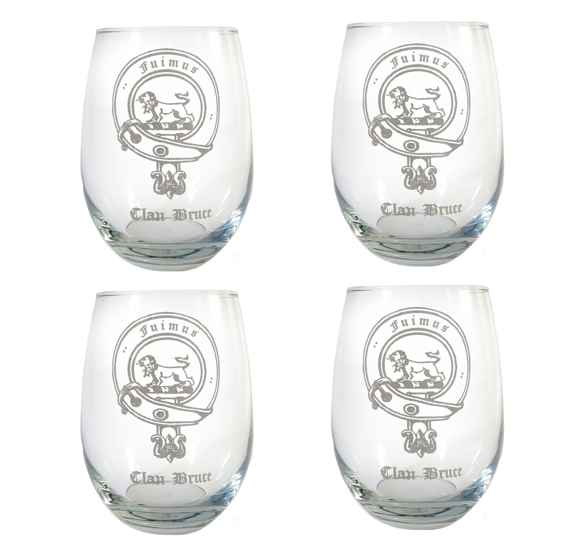 Bruce Scottish Clan Crest Clear Stemless Wine Glass 18 oz Set of 4 - Free Personalized Engraving