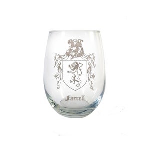 Farrell Family Coat of Arms Clear Stemless Wine Glass 18 oz - Free Personalized Engraving