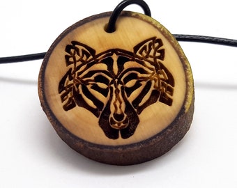 Celtic Wolf Wooden Pendant Necklace, Engraved Personalization, Abstract Wolf Face Pendant, Fenrir