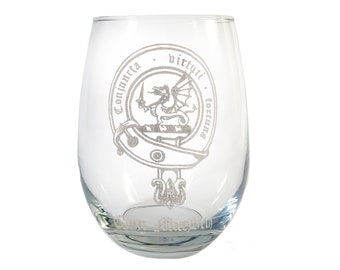 Custom Scottish Clan Crest Wine Glass, Engraved Heirloom Clan Badge, Stemmed or Stemless Style Options