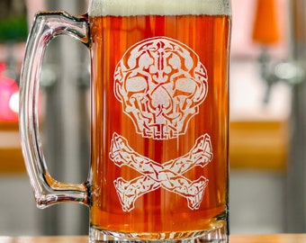 Celtic Jolly Roger Pirate Large Glass Beer Stein, Free Engraved Personalization, 26 Ounce Mens Beer Mug