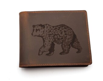 Grizzly Bear Design Leather Wallet, Free Engraved Personalization, Full Grain Italian Leather Bi-fold Wallet