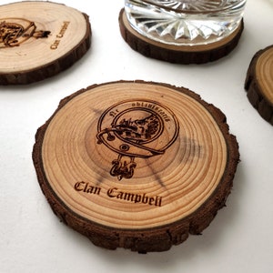 Custom Scottish Clan Crest Natural Wood Slice Coaster set of 4, Engraved Clan Badge Scotland