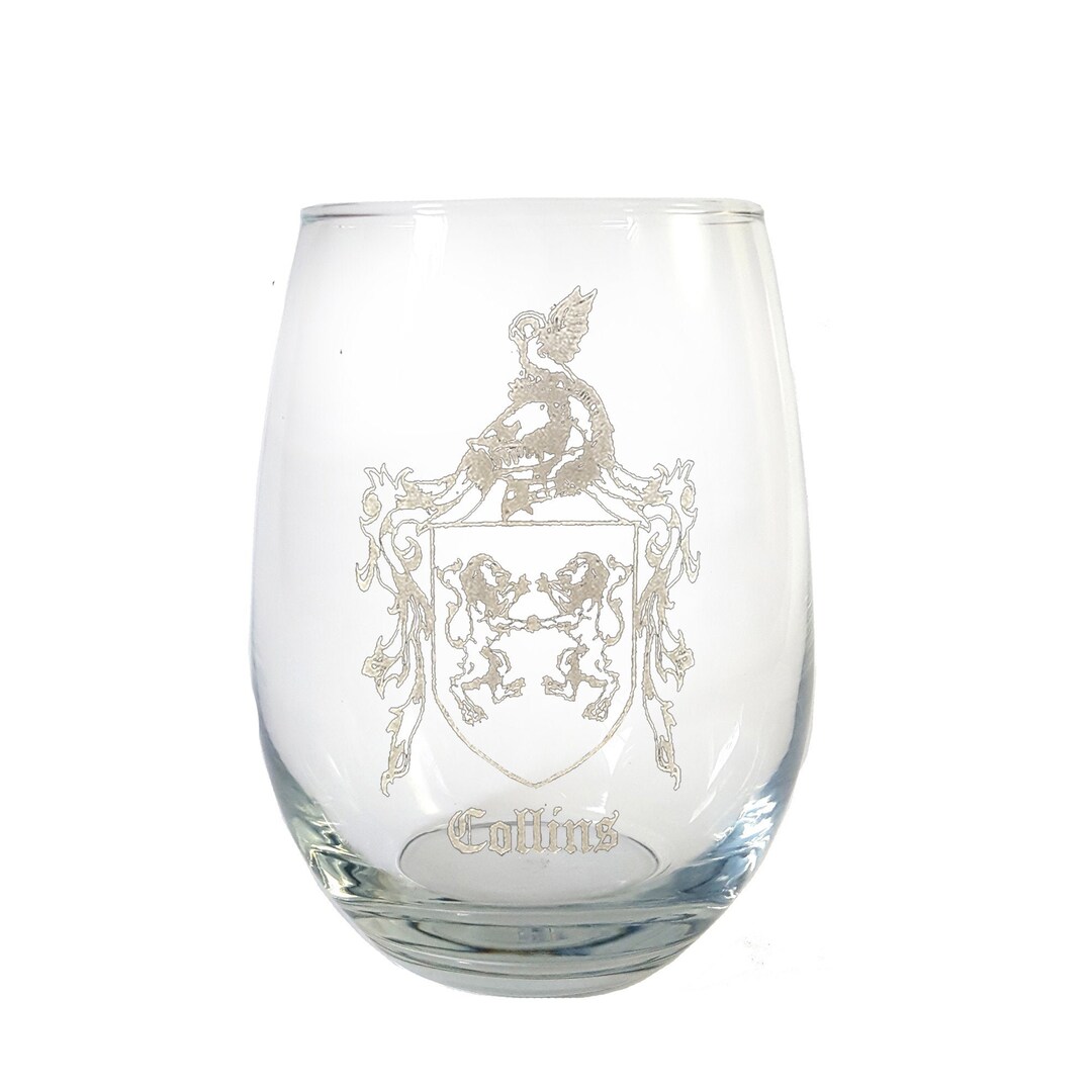 Collins Family Coat of Arms Clear Stemless Wine Glass 18 Oz - Free ...