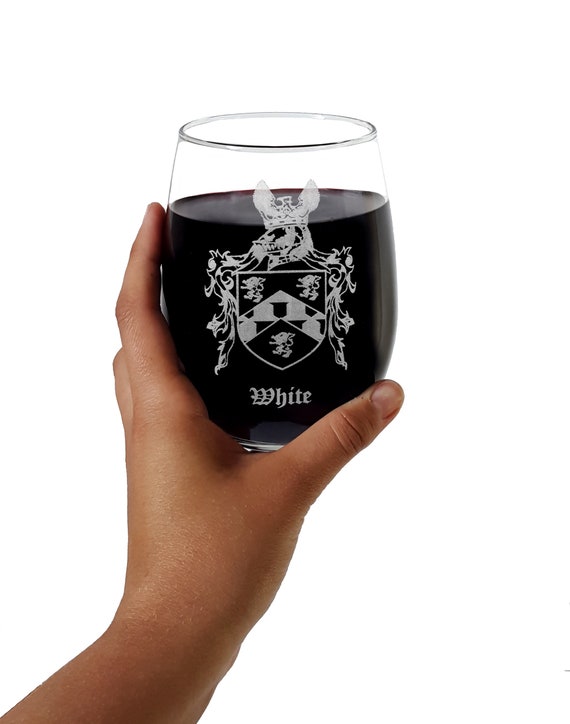 Copas de vino personalizadas con escudo de la familia, sin tallo, grabadas  con escudo de armas, juego de 4 (cresta)
