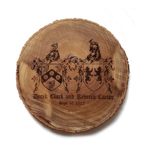 Custom Double Family Crest Wall Plaque, Large Engraved Rustic Wooden Sign. 12 or 18 Inch Log Round, Couples Wedding Gift