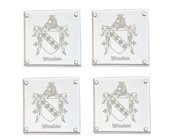 Benutzerdefinierte Familienwappen Glasuntersetzer-Set, mit Gravur im eigentlichen Wappen