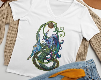 Keltische Meerjungfrau Frauen Relaxed Fit T-Shirt mit V-Ausschnitt, buntes Meerjungfrau Aquarell Design, Jugendstil Meerjungfrau