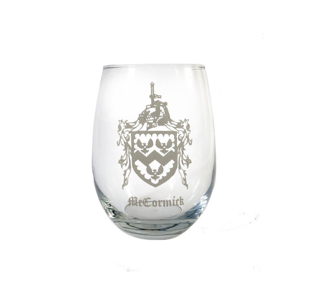 Custom Family Crest Clear Stemless Wine Glass 18 Oz, Engraved Coat of ...
