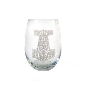 Thor&#39;s Hammer Mjolnir Clear Stemless Wine  Glass - Free Personalized Engraving