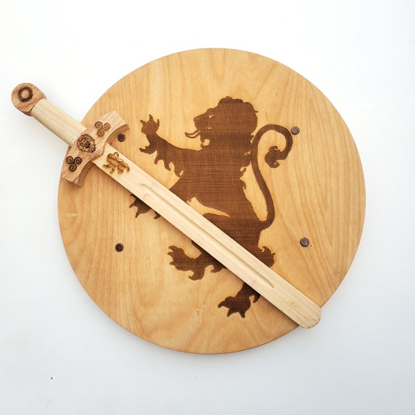 Lion Rampant Sword and Shield Wooden Set, Free Name Engraving, Solid Wood Practice Swordplay Weapons