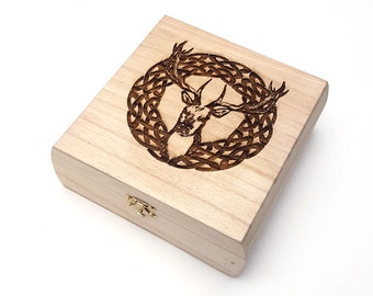 Celtic Stag Wooden Box: 7.5" x 7.5" x 2.75" Free Custom Engraved Personalization