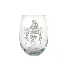 Wilson Coat of Arms Clear Stemless Wine Glass 18 oz- Free Personalized Engraving